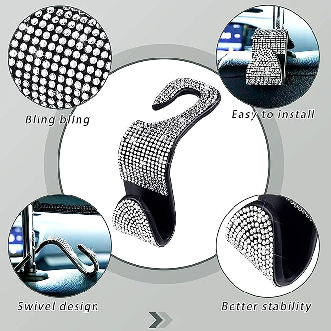 Bling Rear View Mirror Accessories with 2 PCS Car Seat Hooks for Headrest, Universal Bling Diamond Rear View Mirror Cover for Women ＆ Girls