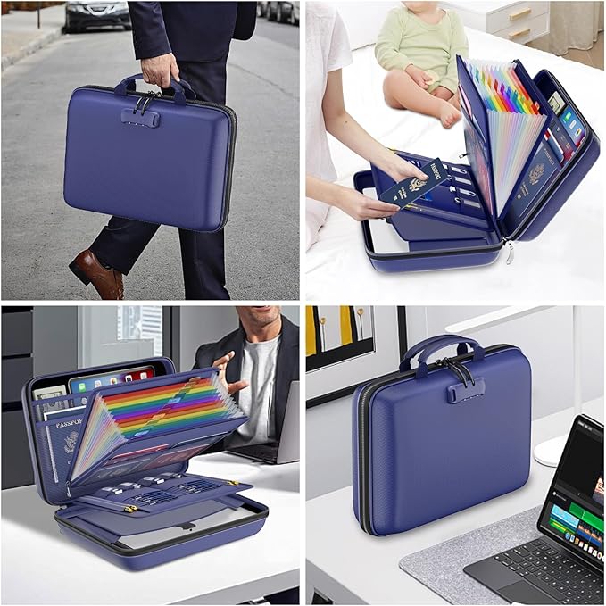 DocSafe Fireproof File Organizer with Lock, Hard-Shell Case Fireproof Document Box with 13 Pocket Accordion File Folder, Port