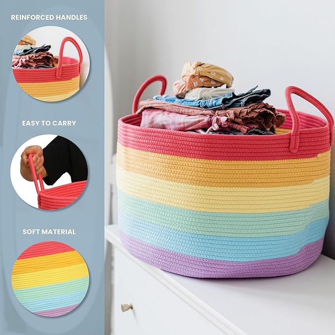 OrganiHaus Rainbow Blanket Basket for Classroom & Nursery, Extra Large Woven Laundry Basket w/Handles, Kids Toy Organizer & S