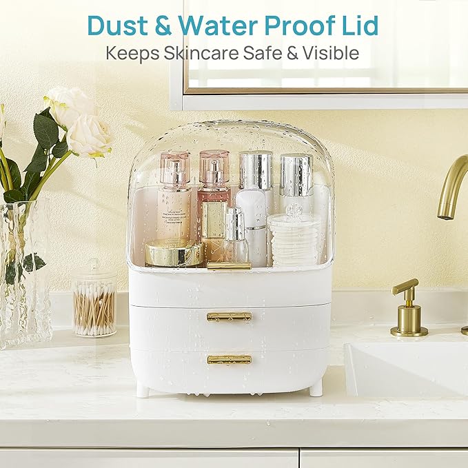 Vtopmart 3-Tier Skincare Makeup Organizer with Drawers and Lid for Vanity and Bathroom Countertop, Large Cosmetic Storage Box