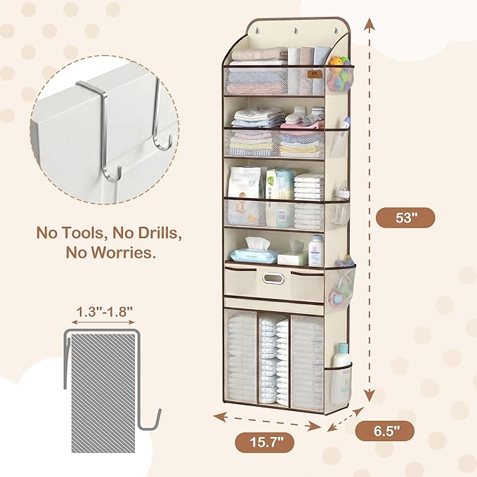 Baby Nursery Over The Door Organizer – 5-Tier 10 Pocket Hanging Storage with Removable Diaper Caddy & 3 Sturdy Hooks, 55LBS C