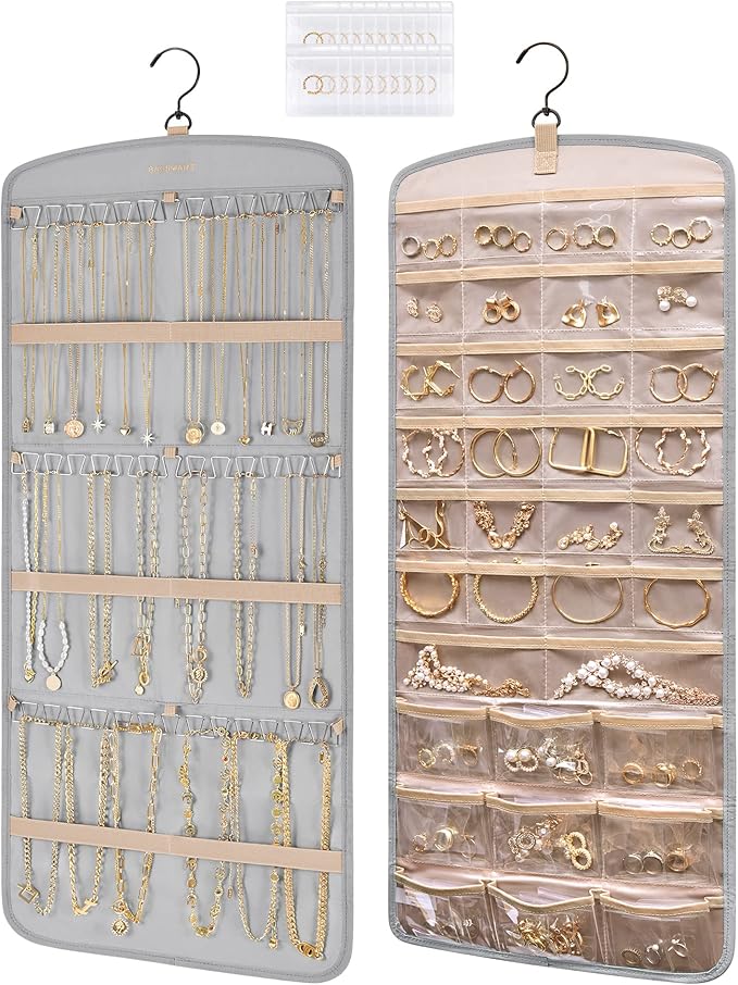BAGSMART Hanging Jewelry Organizer, Necklace Holder Anti-tangle Earrings Rings Hanger with 20 Jewelry Bags Travel Storage Rol