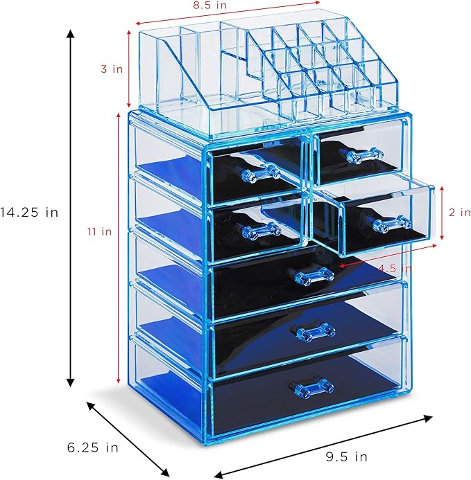 Sorbus Acrylic Makeup Organizer Set, 7-Drawer Vanity & Countertop Cosmetic Storage with Small & Wide Compartments, Blue Brill
