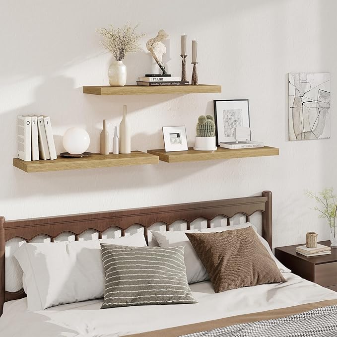Fun Memories Deep Floating Shelves, 32W x 12D Oak Wall Shelves, 32 Long Rustic Wood Wide Storage Shelves for Bedroom, Kitchen