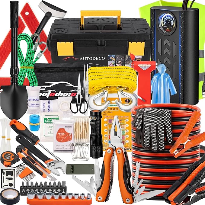 AUTODECO 98 PCS Roadside Car Emergency Assistance Kit with Portable Air Compressor Jumper Cables Safety Hammer All in One Pli