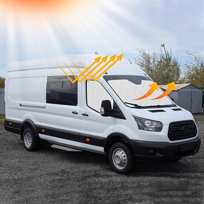 Ford Transit 2015-2023 Sun Shade 3-Piece Set - Custom Fit Windshield & Front Side Window Sunshades | Heat Reflective UV Blocker Privacy Cover for Transit T150 T250 T350 T350HD Van