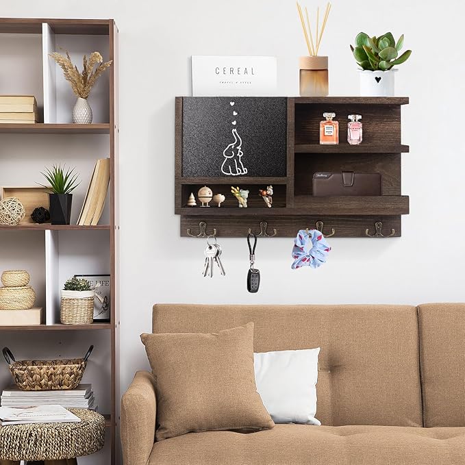 WEWEOW Key Holder for Wall, Mail Organizer Wall Mount with Key Hooks and Chalkboard & Mirror for Sunglasses Storage and Dog L