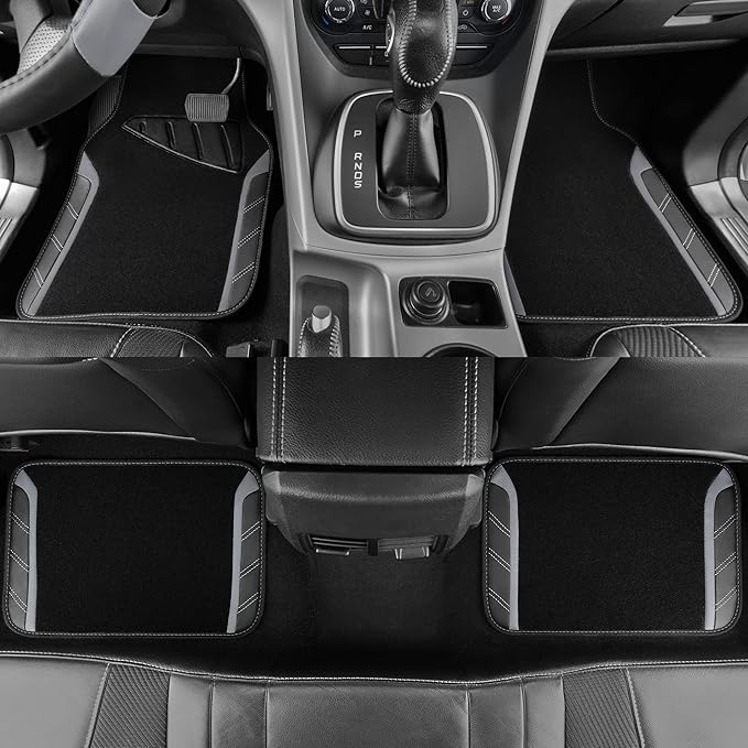CAR PASS Leather Steering Wheel Cover and Waterproof Car Floor Mats,Microfiber Universal Car Combo Fit for 95% Sedan,SUV,Cars