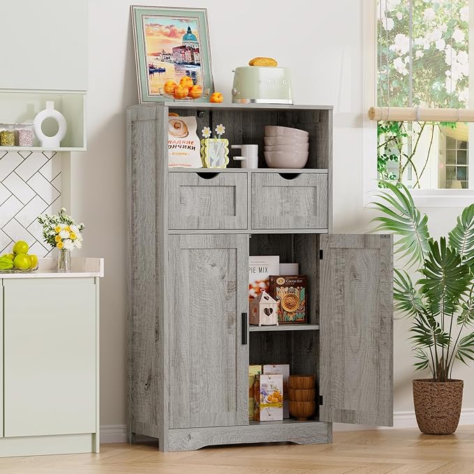 Iwell Storage Cabinet with 2 Drawers & 2 Adjustable Shelves, Kitchen Cabinet, Cupboard, for Living Room, Kitchen, Entryway, H