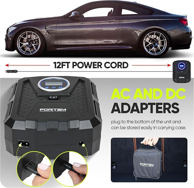 FORTEM Tire Inflator Portable Air Compressor, Air Pump for Car Tires and Bikes, Car Tire Pump w/Auto Shut Off, 150 PSI, 110V AC 12V DC, LED Light, Carrying Case, for Men, Women