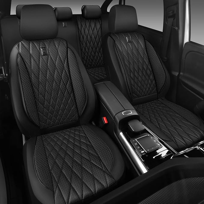 CAR PASS Thick Foam 3D Mesh Leather Car Seat Covers Full Set, Luxury Breathable Premuim Faux Leather Automotive Seat Covers, 