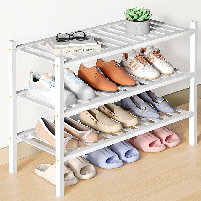 Smiry Bamboo Shoe Rack for Closet, 3 Tier Wooden Stackable Shoe Organizer, Free Standing Shoes Storage Shelf for Entryway, Fr