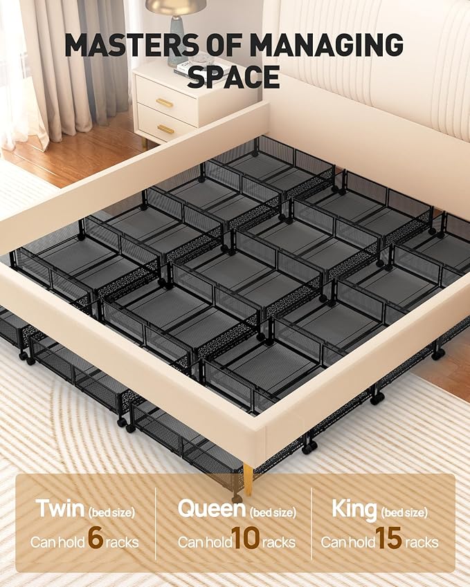 Under Bed Storage With Wheels, 4 Pack Foldable Pattern Carved Metal Under Bed Storage Containers, 60L Rolling Underbed Storag