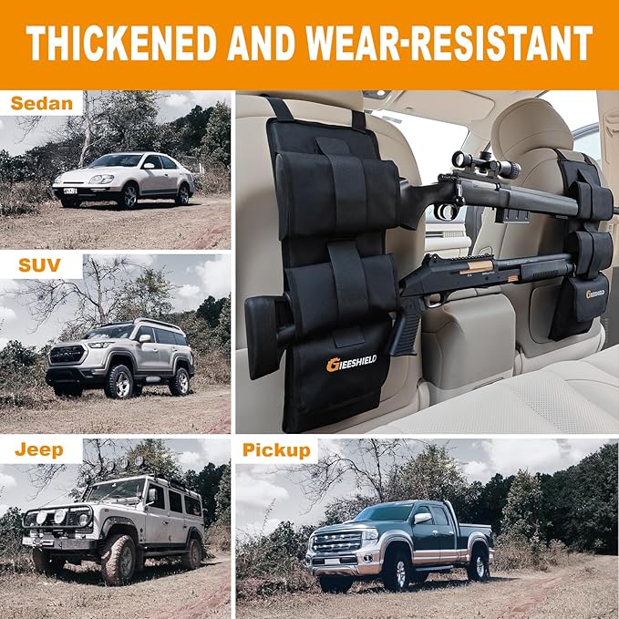 Truck Gun Rack（Set of 2）, Seat Back Gun Rack with Adjustable Straps, 600D Oxford Cloth, Universal Rifle Holder, PVC Coated, Secure Storage Pockets for Hunting Gear, Easy to Install Vehicle Gun Rack