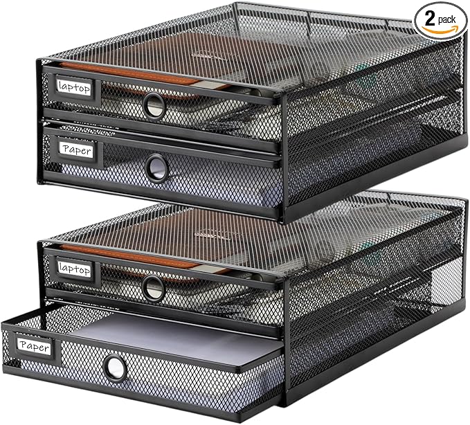 Zhanmai 2 Pack Black Desk Organizer with Drawer Total Wire Mesh Storage Tray Multifunctional Paper Sorter File Stand for Home
