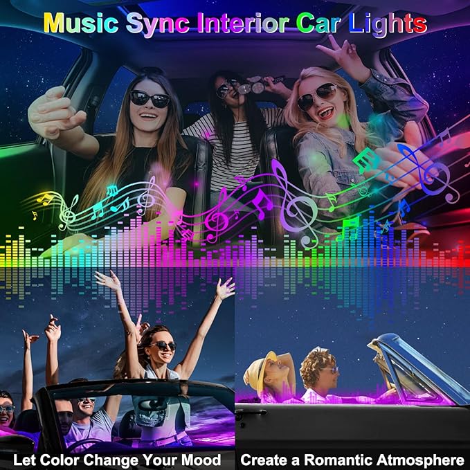 Dreamcolor Acrylic Interior Car LED Strip Lights, 6 in 1 Ambient Lighting Kit with Wireless APP, Dynamic Chasing Music Sync Fiber Optic Lights with DIY Mode, Car Inside Lighting Accessories