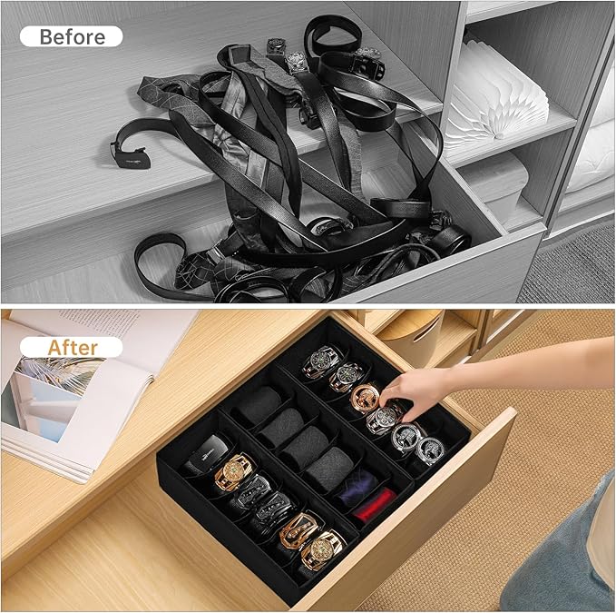 3 Pack Fabric Belt Organizer with 6 Grids per Organizer, Foldable Drawer Organizers for Closet and Drawer, Belt and Tie Holde