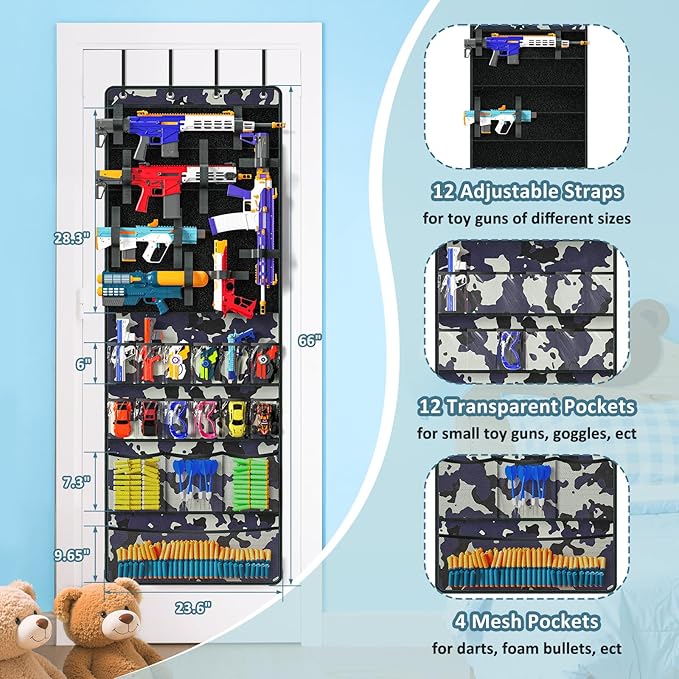 Over The Door Organizer for Toy Guns, Toy Storage, Toys Organizer with Pockets, Hook&Loop Straps for Foam Blasters, Darts, Go