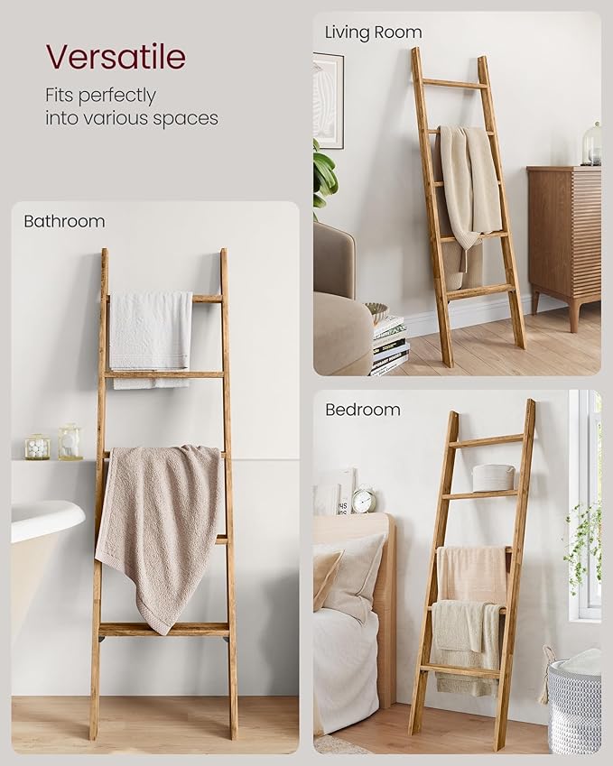 VASAGLE Blanket Ladder Decorative Farmhouse for The Living Room, 5-Tier Ladder Shelf, Ladder Rack for Storage and Decor, Hone
