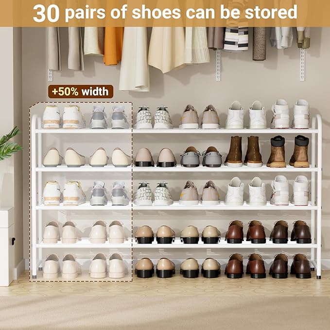 KEETDY 4-Tier Long Shoe Rack for Closet Floor, Wide Shoe Organizer Storage, Stackable Shoe Rack for Entryway Metal Shoe Shelf