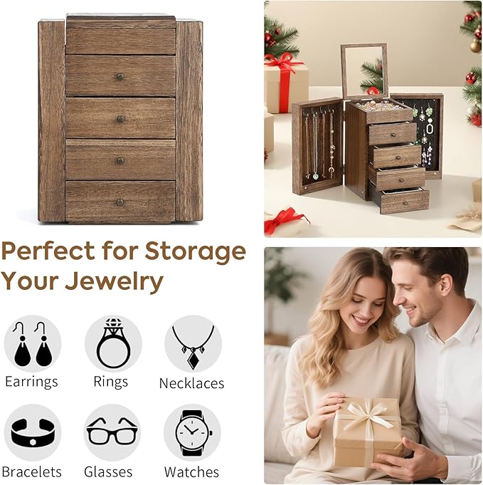 Meangood Jewelry Box Wood for Wowen, 5-Layer Large Organizer Box with Mirror & 4 Drawers for Rings, Earrings, Necklaces, Waln
