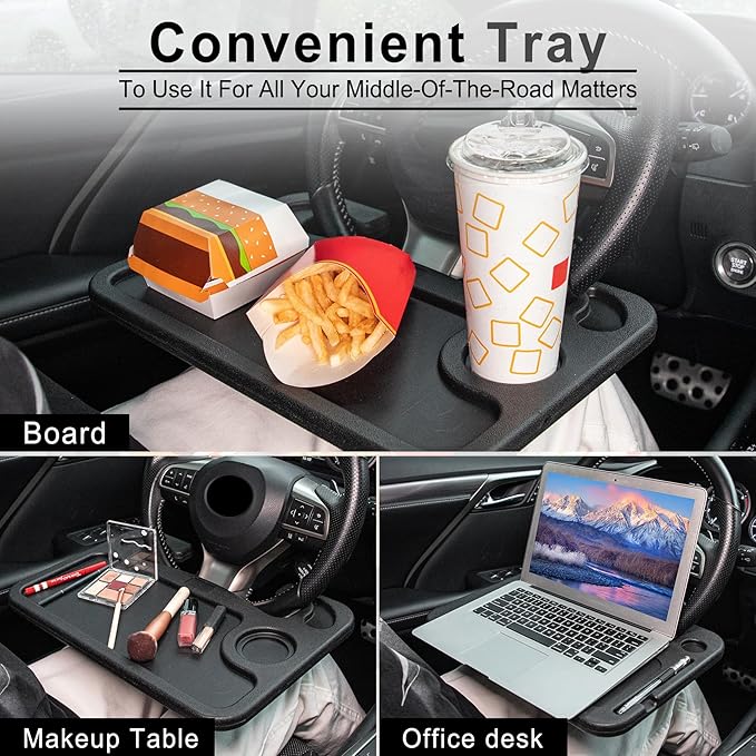 JUSTTOP Car Steering Wheel Desk for Laptop,Multipurpose Travel Car Accessories, Car Seat Stand Trays for Eating, Steering Wheel Overhead Table Console(Black)