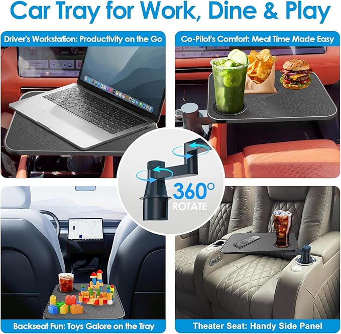 Car Tray& Car Desk for Laptop,Dual 360° Rotating,Anti Slip Leather Surface, Food Tray, Cup Holder Table Compatible with Tesla Model Y/3/S, Ford F150/Explorer/Maverick/Home Theater Seating (Black)