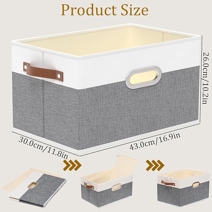 Yawinhe Fabric Storage Bins with Handles, Foldable Baskets for Shelves, Cubes with 3 Handles, Large Boxes for Clothes, White/