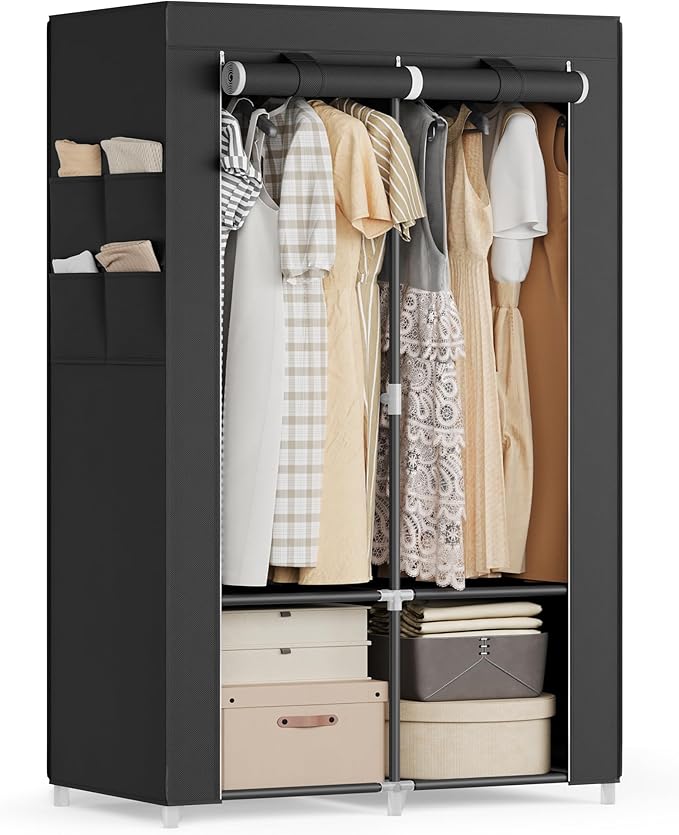 SONGMICS Portable Closet, Wardrobe Closet Organizer with Cover, 2 Hanging Rods and Shelves, 4 Side Pockets, 33.9 x 17.7 x 65.