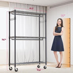 M MZG Heavy Duty Rolling Garment Rack 3 Tiers Adjustable Wire Shelving Clothes Rack with 2 Rods and Side Hooks,Storage Closet