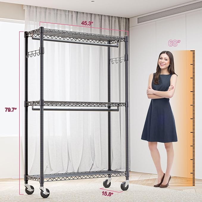 M MZG Heavy Duty Rolling Garment Rack 3 Tiers Adjustable Wire Shelving Clothes Rack with 2 Rods and Side Hooks,Storage Closet