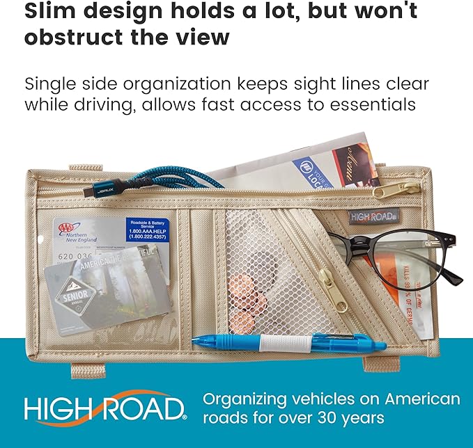 High Road Car Visor Organizer with Zippered Pockets, Sunglasses Sleeve and Clear Photo or Registration and Insurance Pocket - Heavy Duty Straps Fit Most Car, SUV and Truck Visors - Tan