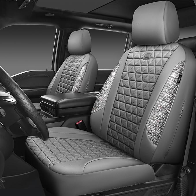 CAR PASS Bling Diamond Gray Leather Car Seat Covers Full Sets Interior Sets, Waterproof Shining Glitter Sparkly Crystal Unive