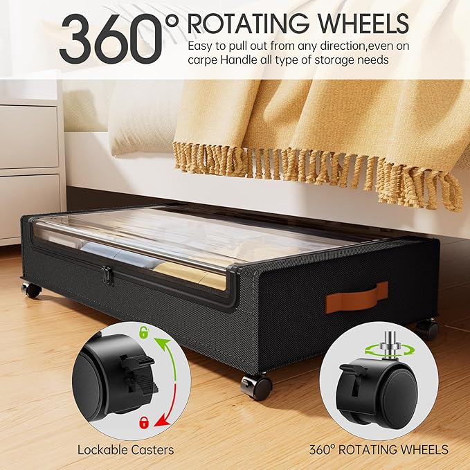 Yecaye 4 Pack Under Bed Storage with Wheels, Under Bed Storage Containers with Lids, Large Under Bed Rolling Storage with Cle