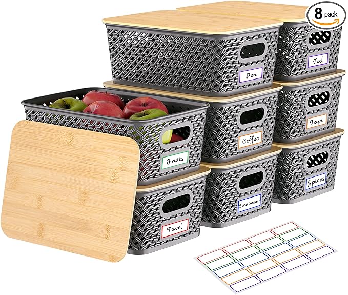 Anysig 8 Packs Plastic Storage Bins with Bamboo Lids - Stackable Storage Bins Decorative Small Basket Containers for Organizi