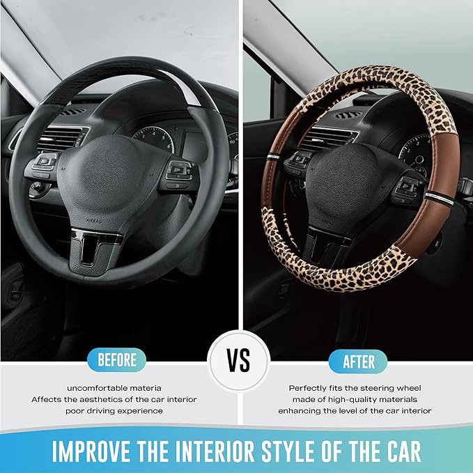 Road Comforts Leopard Steering Wheel Cover for Women, Cute Anti-Slip Microfiber Leather, Universal Fit 14.5-15 Inch Round Ste
