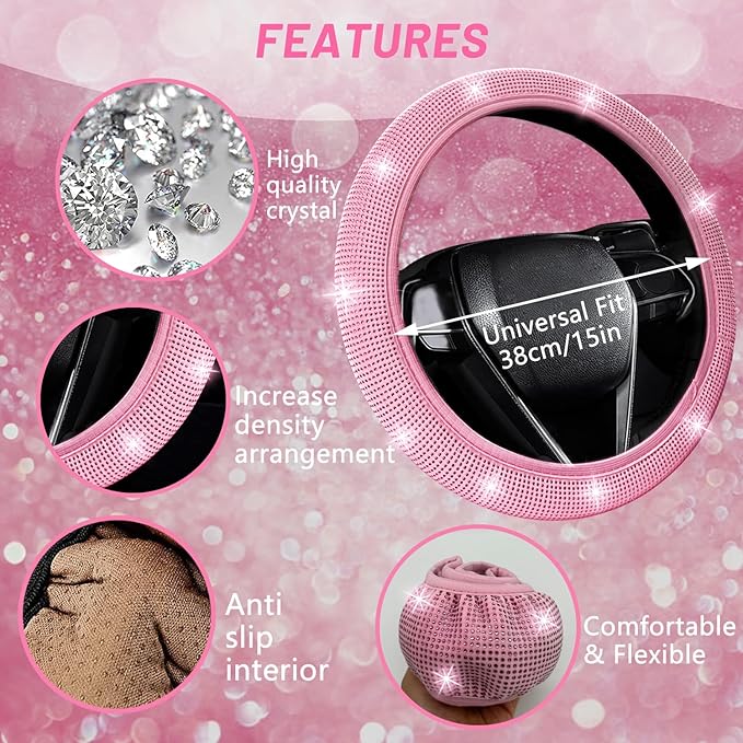 NBTEPEM 27-Piece Bling Car Accessories Set - Universal Fit Steering Wheel Covers, License Plate Frames, Phone Holder, Car Fast Charger, Coasters (Pink)