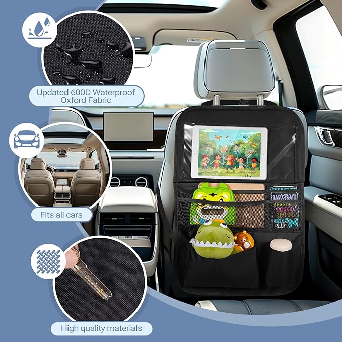 Back Seat Car Organizer with Tablet Holder-2 Pack,6 Storage Pockets Car Storage Organizer with Foldable Food Tray Seat Back Protectors Kids Kick Mats for Travel