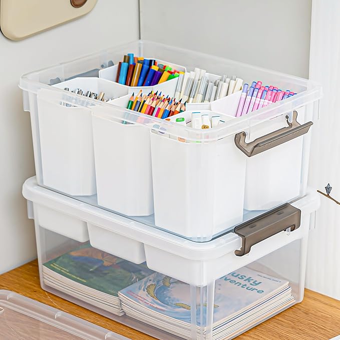 Citylife 17 QT Plastic Storage Box with Removable Tray and 6 Detachable Tall Inserts Craft Organizers and Storage Clear Stora