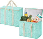 VENO 2 Pack Insulated Cooler Bag, Reusable Grocery Shopping Bag for Food Delivery, Heavy Duty, Large Size, Durable Handles, Double Zippers, Lid, Collapsible (Evergreen, 2 Pack)