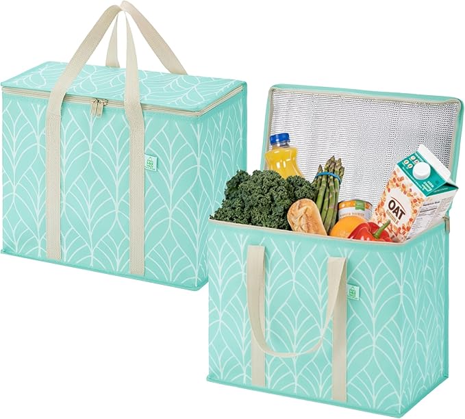VENO 2 Pack Insulated Cooler Bag, Reusable Grocery Shopping Bag for Food Delivery, Heavy Duty, Large Size, Durable Handles, Double Zippers, Lid, Collapsible (Evergreen, 2 Pack)