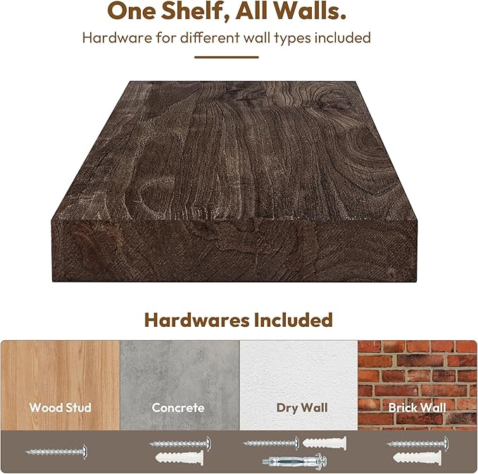 Vivelove Elm Wood Floating Shelves, Wooden Shelves for Wall with Invisible Bracket for Living Room Bedroom Bathroom Office Bo