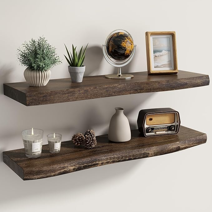 Fun Memories Floating Shelves for Wall Decor Set of 2-30 Inch Solid Elm Wood Live Edge - Rustic Walnut Wall Shelves with Invi