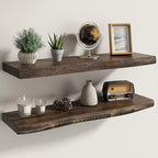 Fun Memories Floating Shelves for Wall Decor Set of 2-30 Inch Solid Elm Wood Live Edge - Rustic Walnut Wall Shelves with Invi