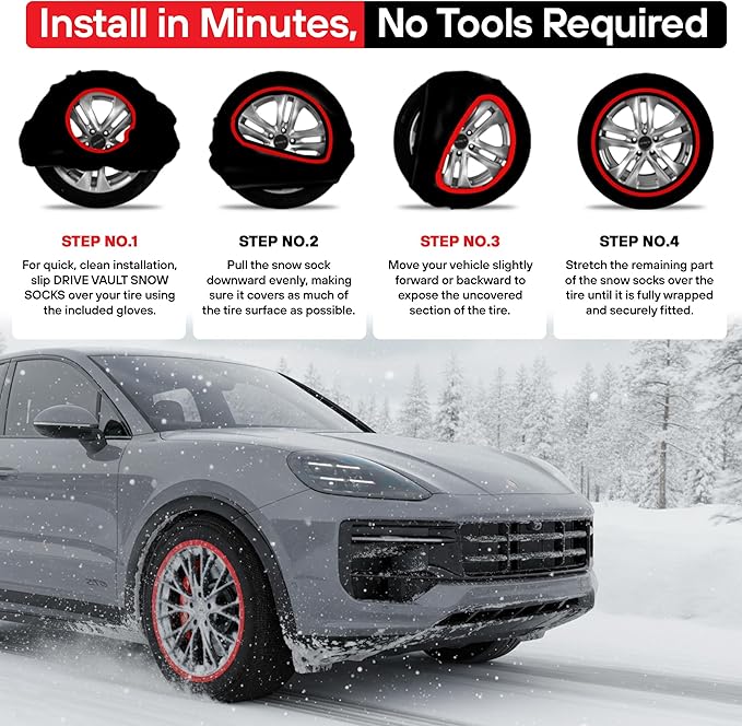 Snow Socks for Tires | Alternative for Tire Snow Chains | Ultra Grip Series | Reusable Snow Traction Device for Passenger Car