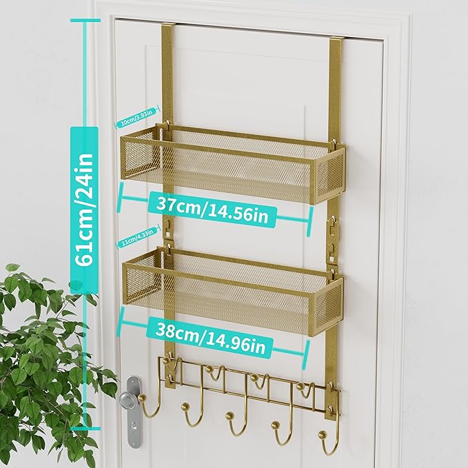 HapiRm Over The Door Hanger with Coat Hooks and 2 Baskets, Rustproof & Waterproof Over The Door Hooks, Storage Organizer for 