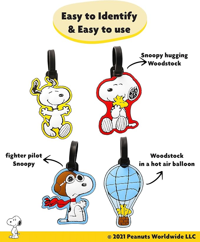 Peanuts Woodstock and Snoopy Luggage Tags 4 Pack Official License, PVC Bag Tags and Travel Tags for Luggage and Backpacks