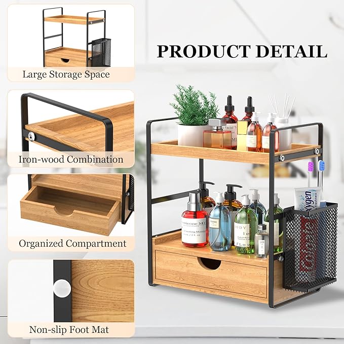 LEMIKKLE Bathroom Counter Organizer with Drawer and Basket,Wood Countertop Organizer for Bathroom Decor Makeup Tray for Perfu