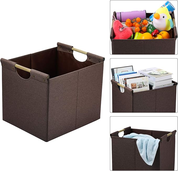 HOONEX Large Collapsible Storage Bins, Linen Fabric, 2 Pack, Storage Baskets with Wooden Carry Handles and Sturdy Heavy Cardb