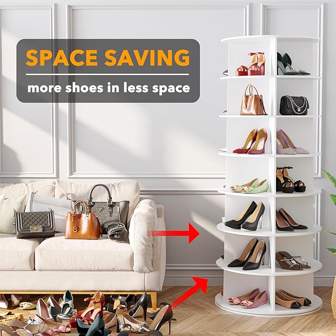 SpaceAid 7 Tier Rotating Shoe Rack Tower, Spinning Shoe Display Lazy Susan, Revolving 360 Shoe Rack Storage Round Carousel, V